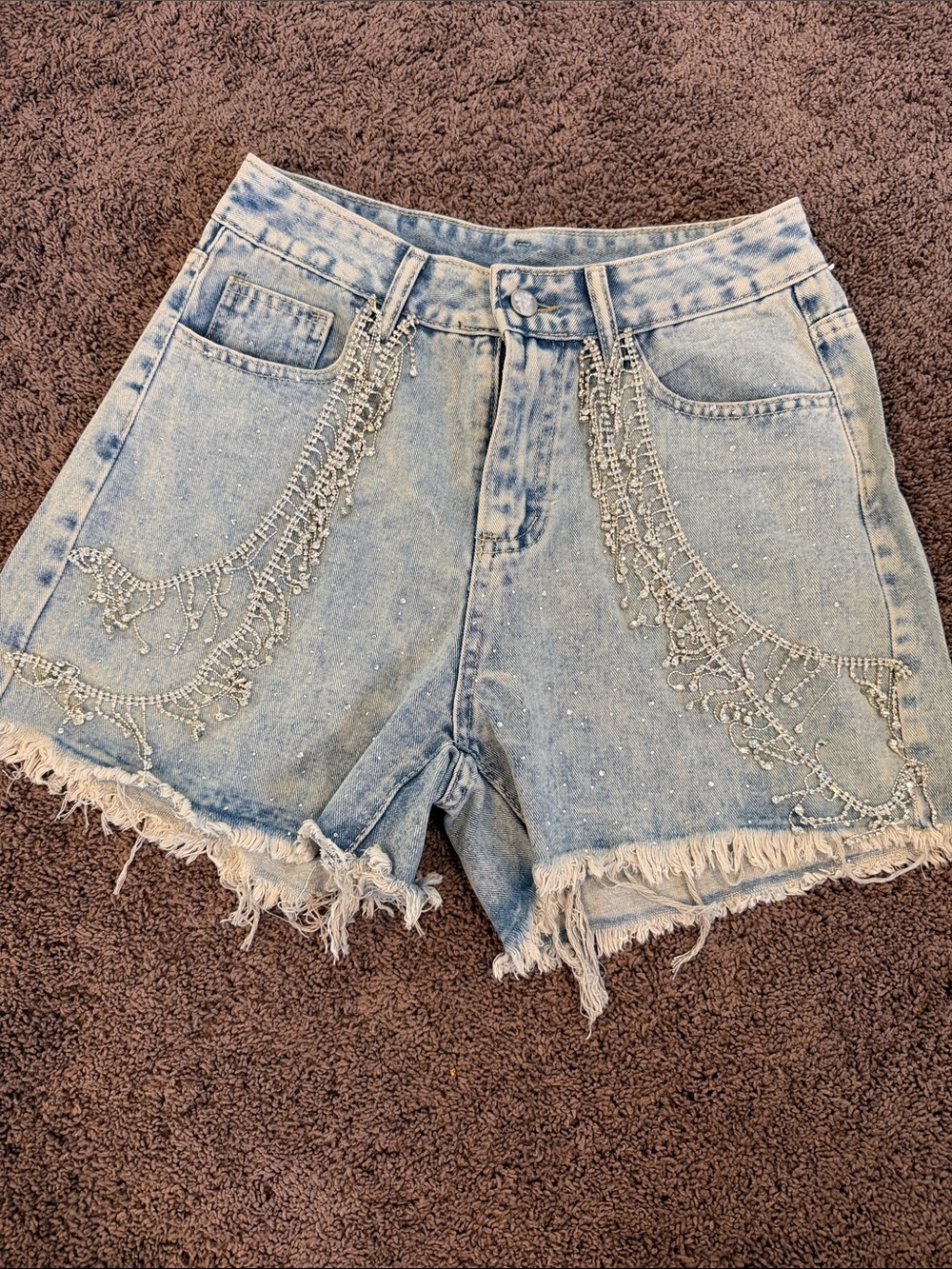 Amazon Light Blue Denim Rhinestone Fringe High-Rise Shorts